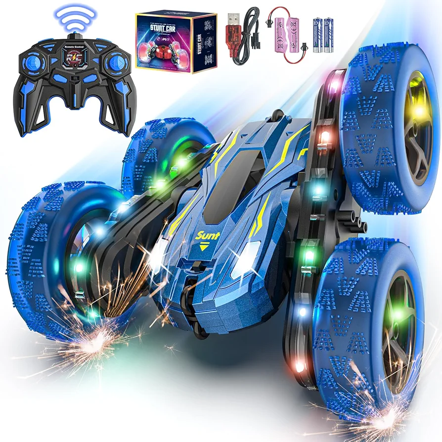 Remote Control Car, Rc Cars with Flowing Lights、Wheel Lights and Headlights, 2.4GHZ 4WD Fast Rc Car, 360° Flips Double Sided Driving Race Car, Rc Drift Cars for Boys Girls Birthday Gift, Blue