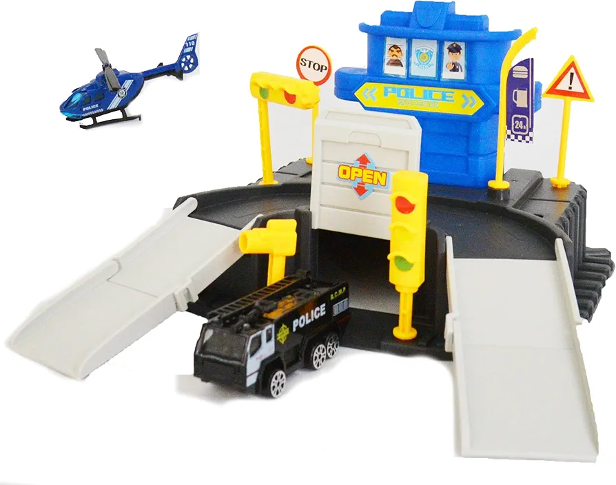 City Police Station Building Kit with Fire Truck, Police Helicopter 2 Level Parking Garage Playset for Kids Boys Girls