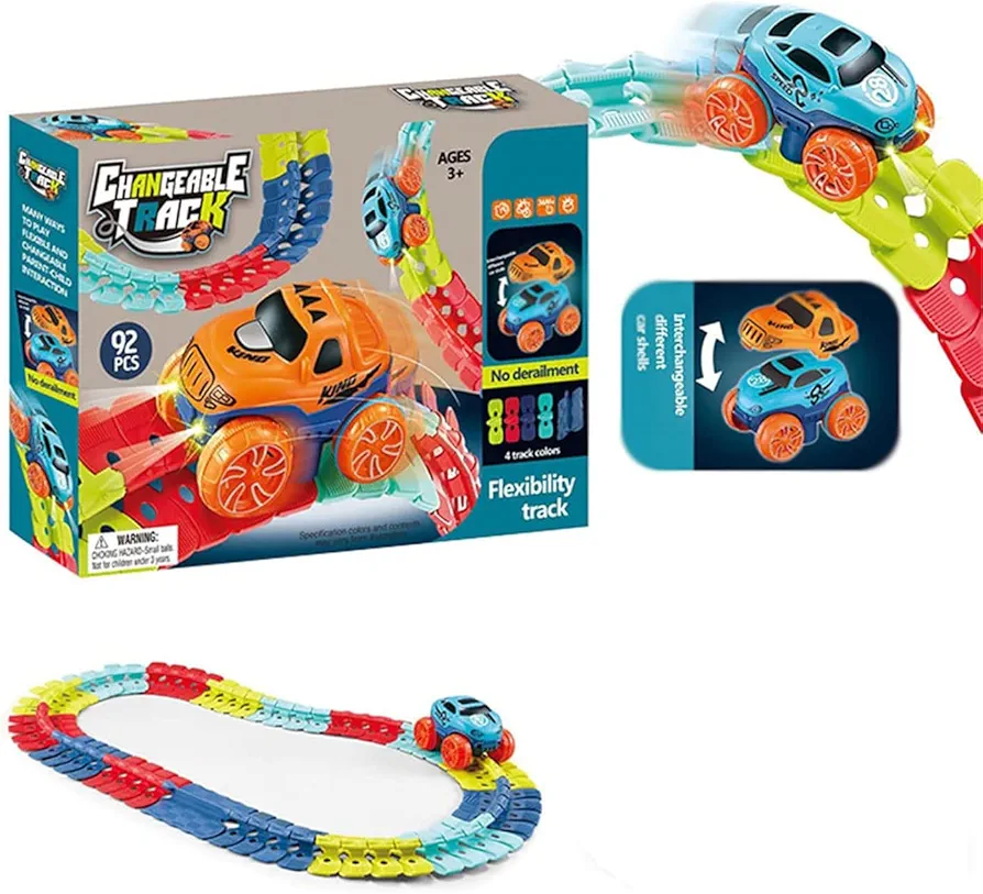 Changeable Track with LED Light-Up Race Car, Glow in The Dark Bendable Rainbow Race, DIY Flexible Assembled Track, Gift for Kids Boys Girls (92PCS)