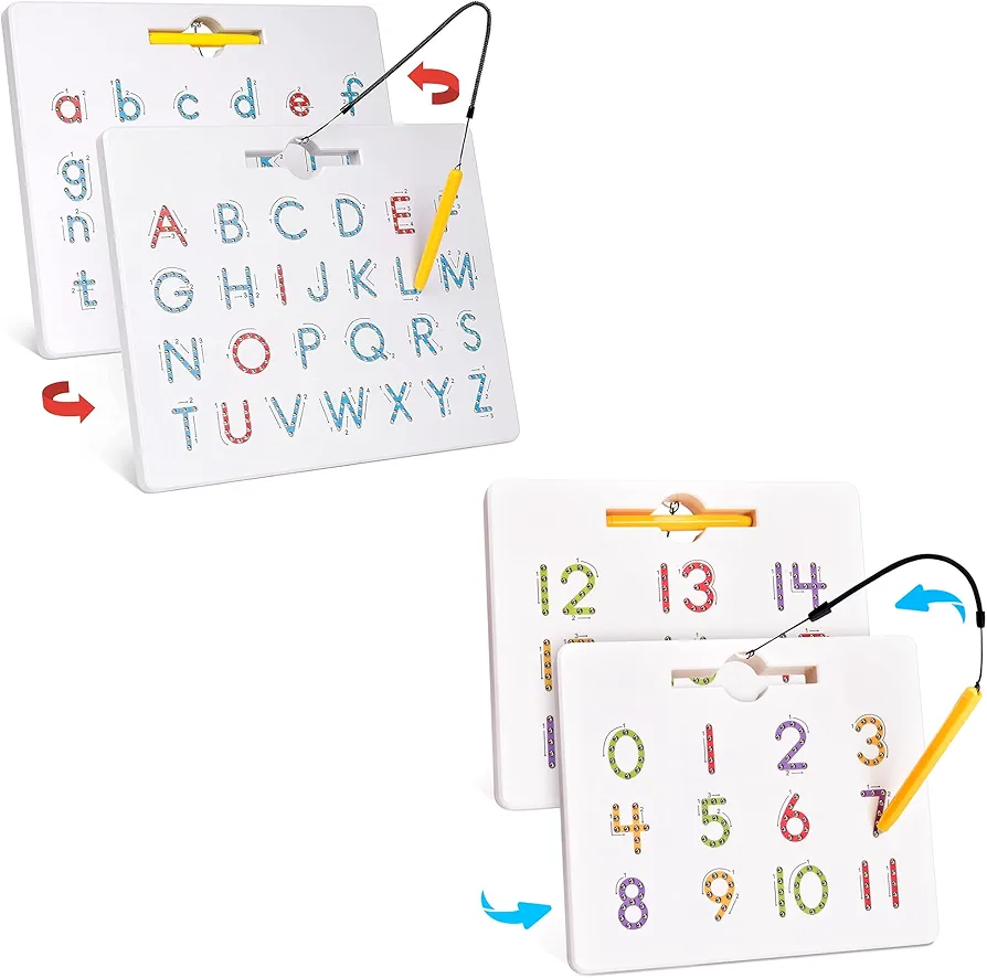 Gamenote Double Sided Magnetic Letter Board - 2 in 1 Alphabet Magnets Tracing Board for Toddlers ABC Letters Uppercase & Lowercase Practicing Learning Education Toys + Magnetic Number Tracing Board, 2