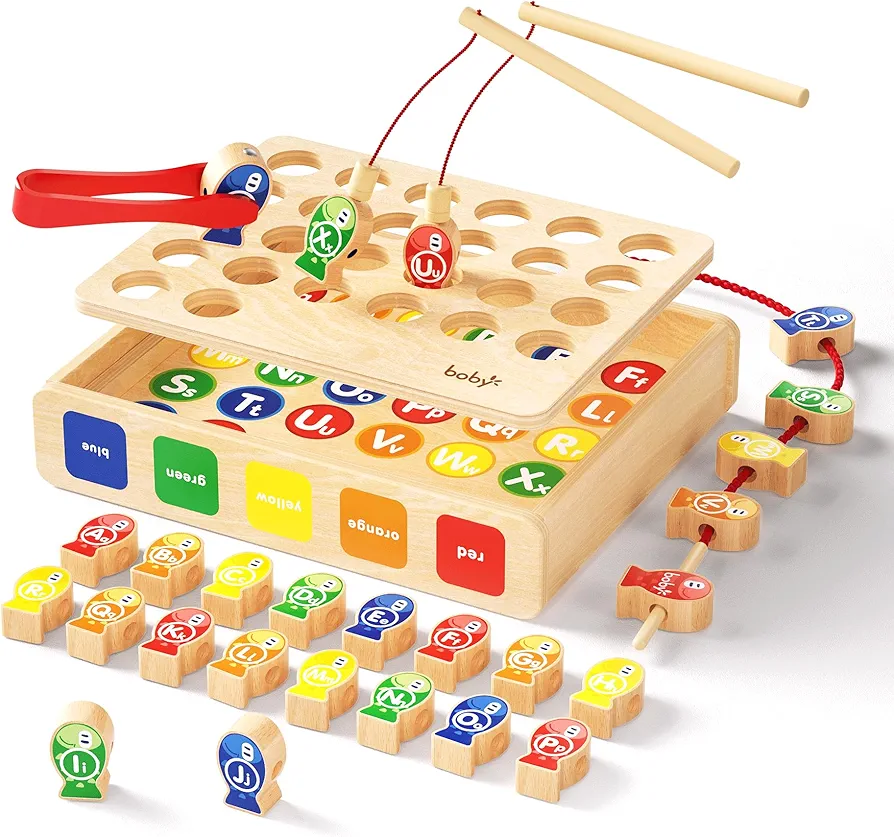 Boby Magnetic Wooden Fishing Game 7-in-1 Toy for Toddlers 1-3-5, Lets Go Fishing Educational Games for Kids, Preschool Montessori Learning Alphabet, Lacing Beads, Color Shape Sorter Counting Toys 2-4