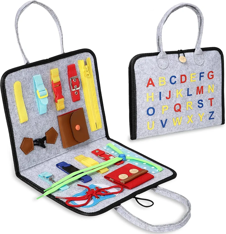 Busy Board for Toddlers 1-6, Montessori Sensory Toy for Develop Basic Skills, Dress and Alphabet Spell Cognition Latch Buckle Learning Games, Great Airplane and Carseat Travel Gift for Boys and Girls