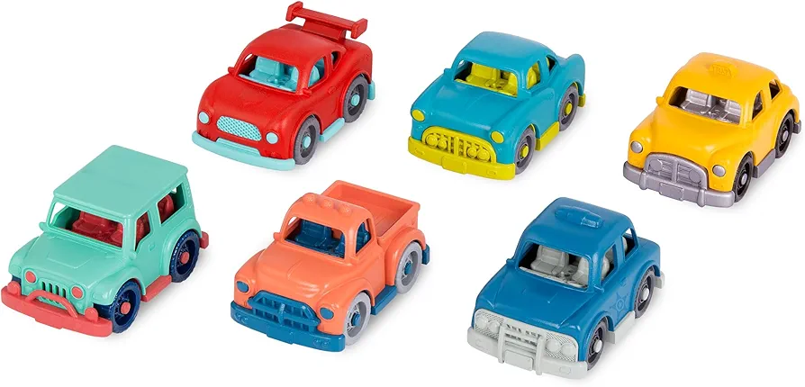 Battat- Wonder Wheels- Set of 6 Mini Toy Cars For Kids – Race Car, Truck, Taxi, Police Car, Retro Car, 4x4 – Pretend Play- Recyclable Materials - Mini Riders- 1 Year +