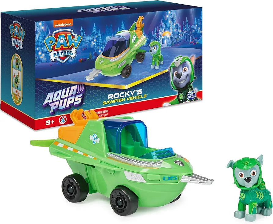 Paw Patrol Aqua Pups Rocky Transforming Sawfish Vehicle with Collectible Action Figure, Kids Toys for Ages 3 and up