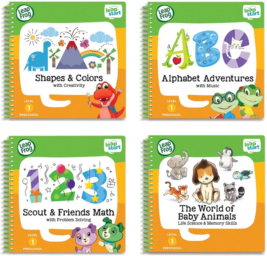 LeapFrog LeapStart Preschool 4-in-1 Activity Book Bundle with ABC, Shapes & Colors, Math, Animals