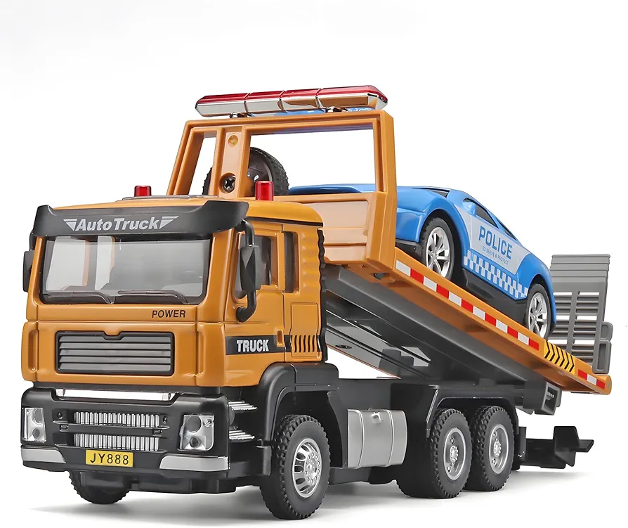 Tow Trucks for Boys Age 3-5,Toy Tow Truck Metal Cab,Flatbed Truck Toy with Toy Car,Truck and Trailer Toys for Boys,Pull Back Tow Truck Toy with Lights and Sounds,Tow Trucks for Boys Age 4-7