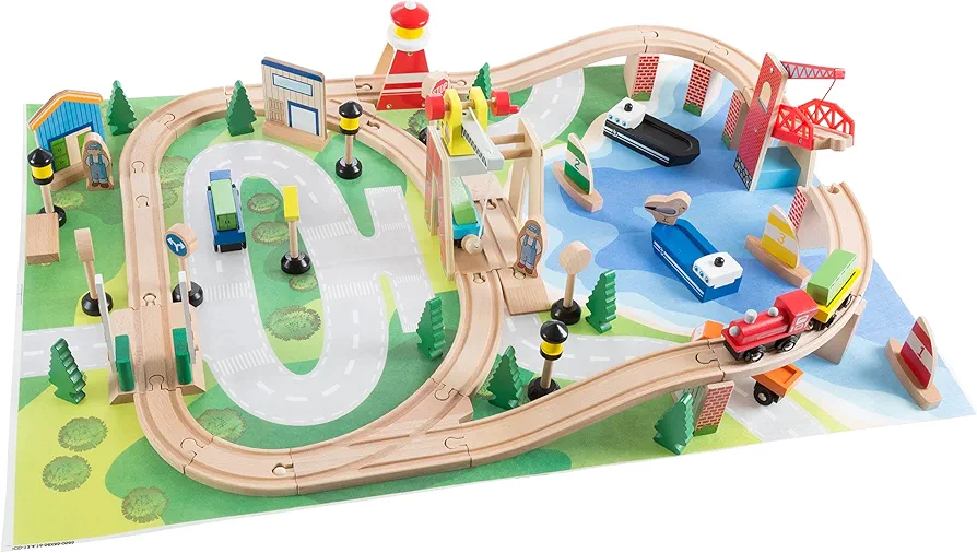 Wooden Train Set with Play Mat for Kids - Includes Deluxe Wood Tracks, Train Cars, Boats, Accessories for Boys and Girls by Hey! Play!