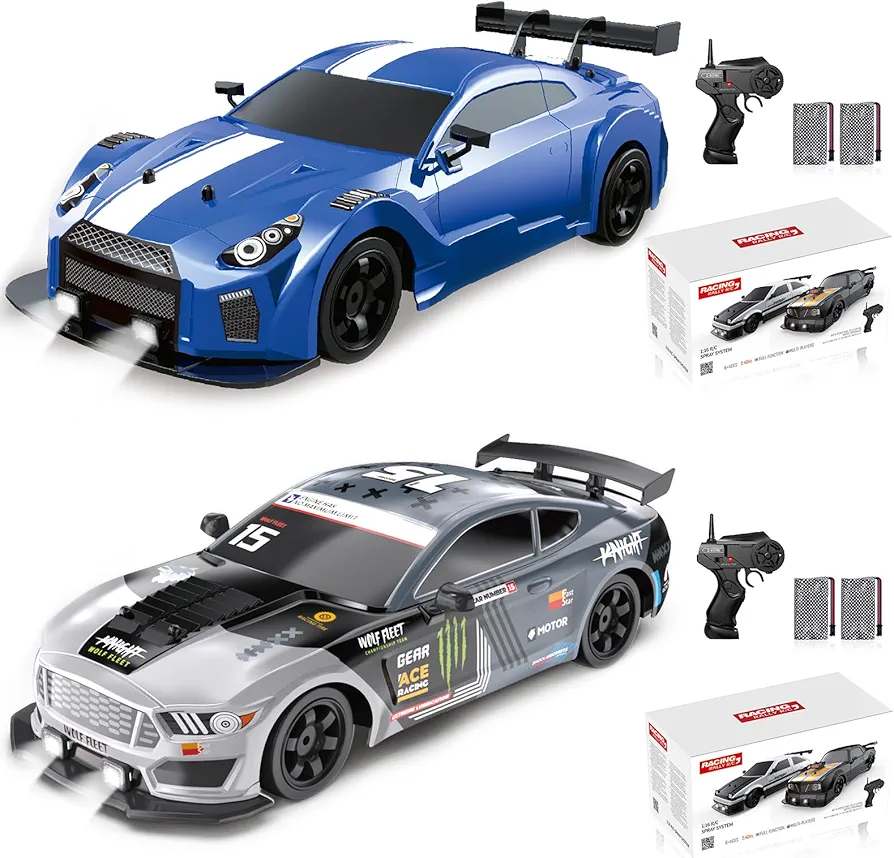 2PCS Remote Control Car RC Drift Car 1:16 Scale 4WD 18KM/H High Speed Model Vehicle 2.4GHz with LED Lights Spray Rubber Tire Racing Sport Toy Car for Adults Boys Girls Kids Gift 2Pcs Rechargeable Batt