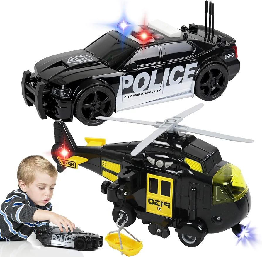 Police Car Toy with Rescue Helicopter Toy for Boys | Emergency Vehicles Toy Set Friction Powered with Realistic Lights and Sounds