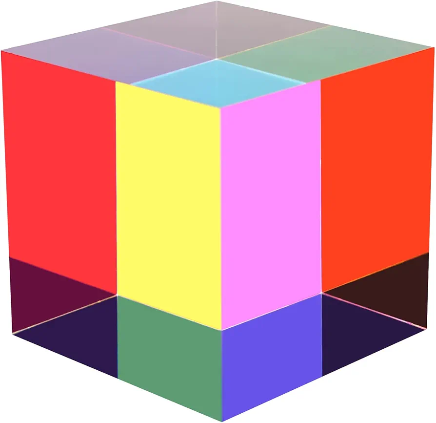 CMY Colorful Cube, 3.93 inch (100mm) Acrylic Mixing Color Cube Prism for Physics Education Learning and Office Desktop Decor, Scientific Toys and Gifts for Kids