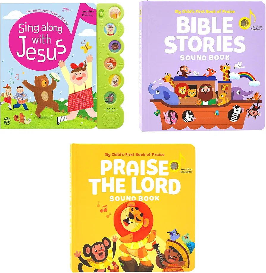 Sing Along with Jesus, Bible Stories and Praise The Lord - Bundle of 3 Books - Christian Sound Books for Toddlers 1-3 | 6 Bible Songs & Illustrations per Book, Musical Toys | Baptism Gifts