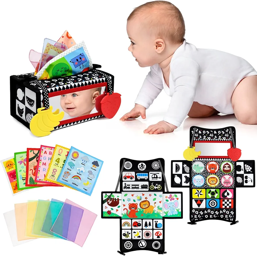 Dr.Rapeti Tummy Time Mirror Toy Tissue Box Toy 3in1 Baby Toy Black and White High Contrast Double-Sided Foldable Sensory Montessori Toy Crinkle Silk Scarves Teethers 0-6 6-12 Month Newborn Infant Baby