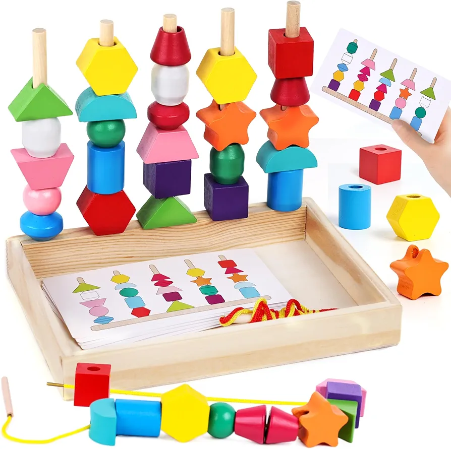 LovesTown Beads Sequencing Toy, Wooden Stacking Toys Montessori Toys for Kids Coordination Toy Educational Preschool Learning Toys for Boys Girls Birthday Gifts