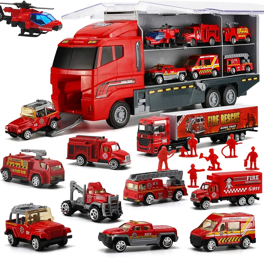 19 Pcs Fire Truck with Firefighter Toy Set, Mini Die-cast Fire Engine Car in Carrier Truck, Mini Rescue Emergency Double Side Transport Vehicle for Kid Child Boy Girl Birthday Christmas Party Favors