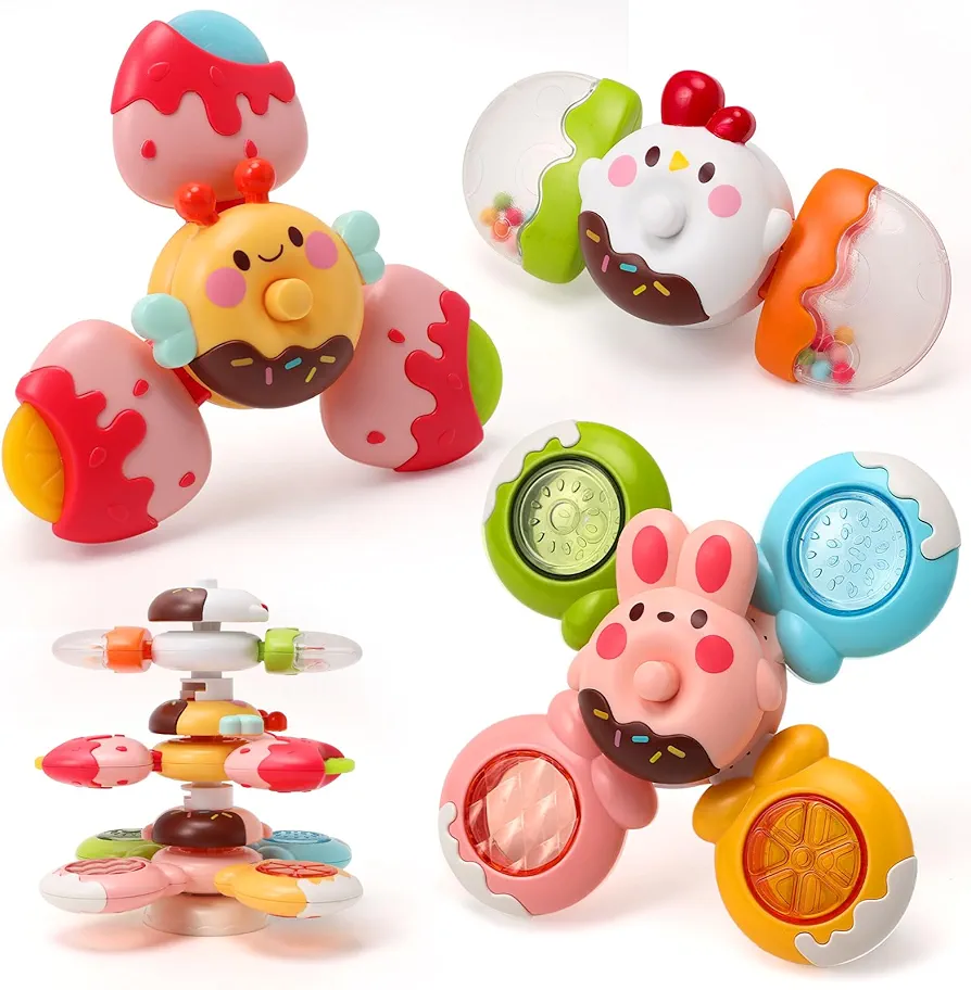 3PCs Suction Cup Spinner Toys for Babies, Montessori Sensory Toys for 12+ Months Baby Boys Girls, Bath/Airplane/Car/Travel Activities Fidget Toys for Toddlers, First Birthday Gifts for Newborn