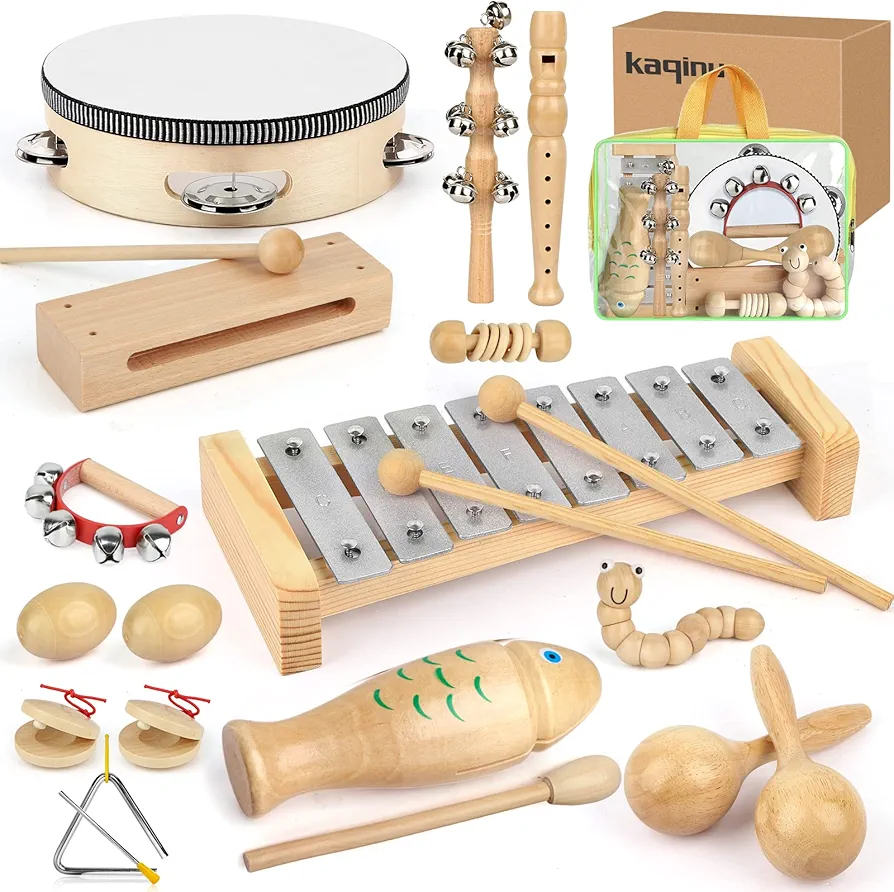 Kids Musical Instruments,100% Natural Wooden Music Percussion Toy Sets, 23 Pcs Tambourine Xylophone Toys for Kids, Girls Boys Preschool Education Early Learning Musical Toys with Bags