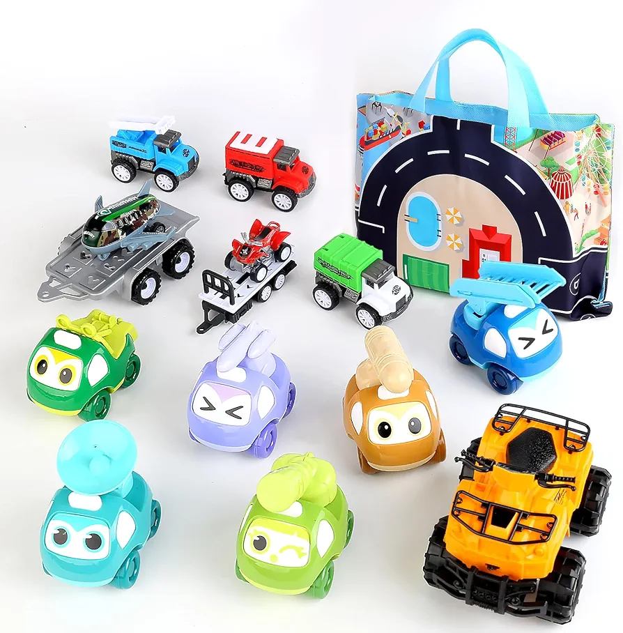 12 Piece Baby Truck Car Toys Set Urban Traffic Scenarios Storage Bag with Play Mat Engineering Car for Toddlers 1-3 Year Old Boy Birthday Gift