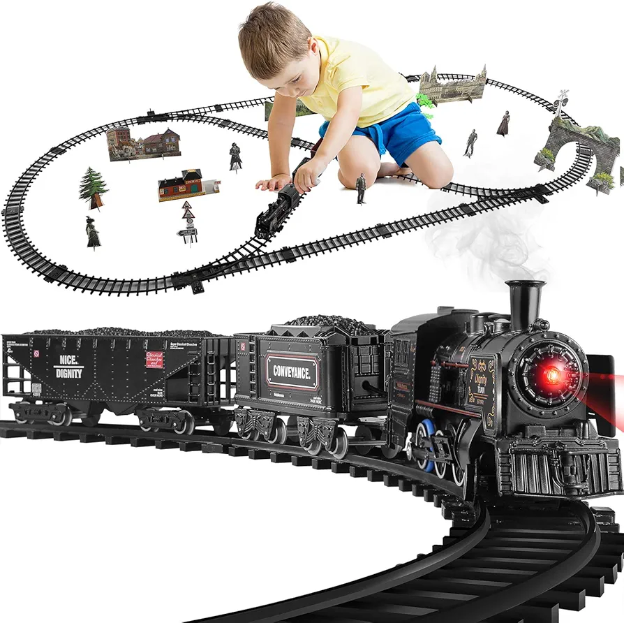 Kids Train Set ，Electric Metal Alloy Train Toy for Boys Girls w/Smokes, Lights & Sound, w/Steam Locomotive Engine, Cargo Cars & Tracks