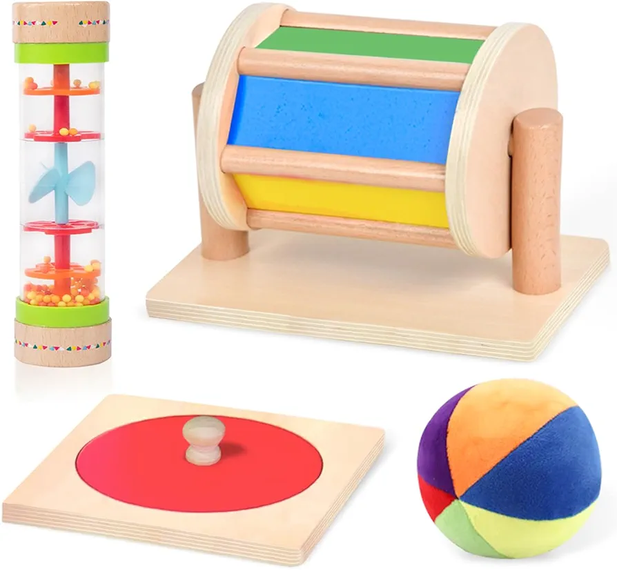 Montessori Toys for Babies 0-6 Months, 4 in 1 Learning Educational Set Newborn Toys Set with Spinning Drum, Rainbow Ball, Baby Rain Stick, Mirror Puzzles, for 1 Year Old Infant Sensory Toys for Baby