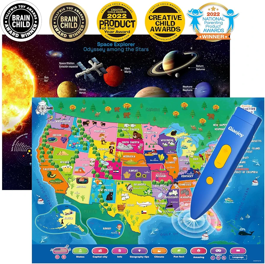 Bilingual Interactive for Kids Talking USA Map Solar System Poster for Kids Learning and Educational Toys,Talking Educational Toy for Ages 3 to 12 Years Old Girls/Boys,Learning Chart for Preschool