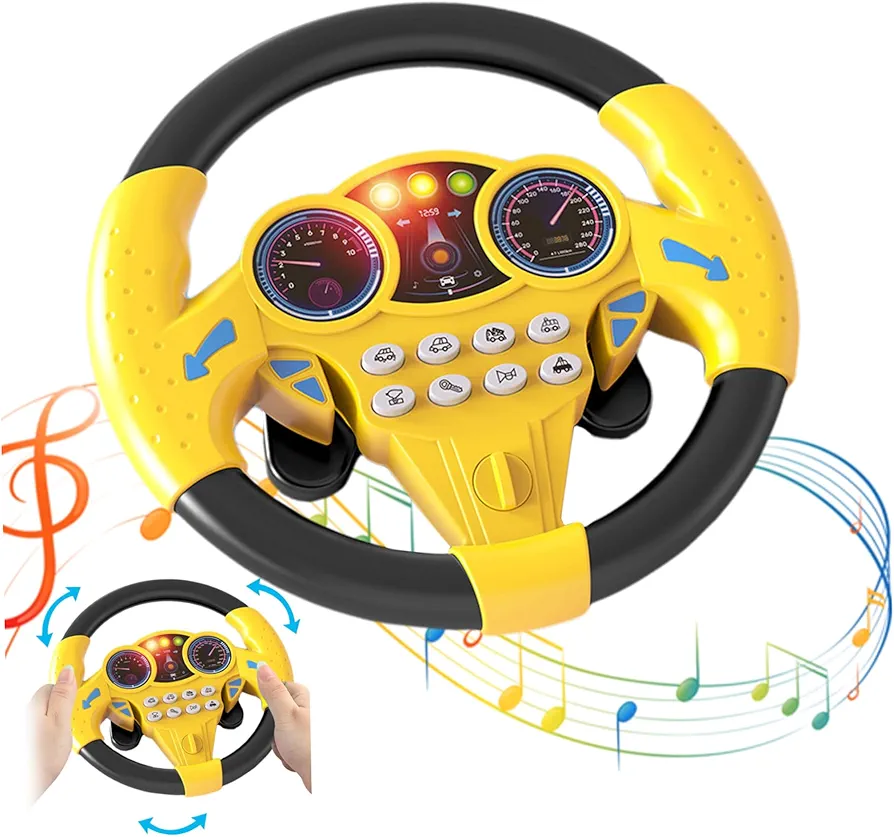 Steering Wheel Toy, 8x7.7x2.4 360° Rotating Kids Steering Wheel with Sound & Lights, Plastic Simulated Steering Wheel with Suction Cup for 3 Years Old,Yellow, Baby Musical Toys