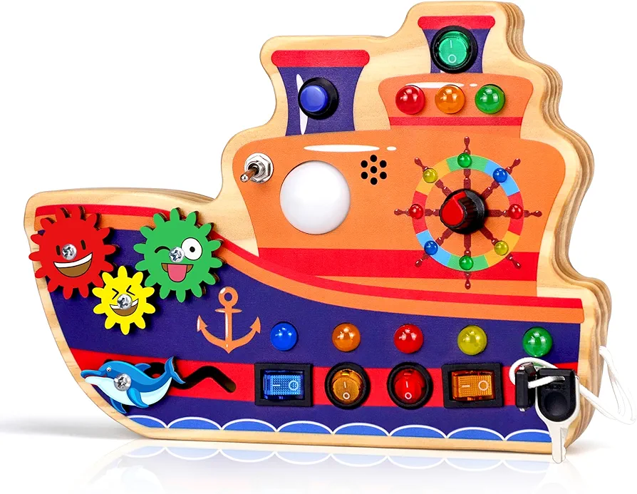 Wooden led Busy Board, Montessori Toddler Busy Board with 9 LED Light Switches, Sensory Toys Autism Educational Activity Travel Toys Learning Board for 1+ Year Old Baby and Toddler