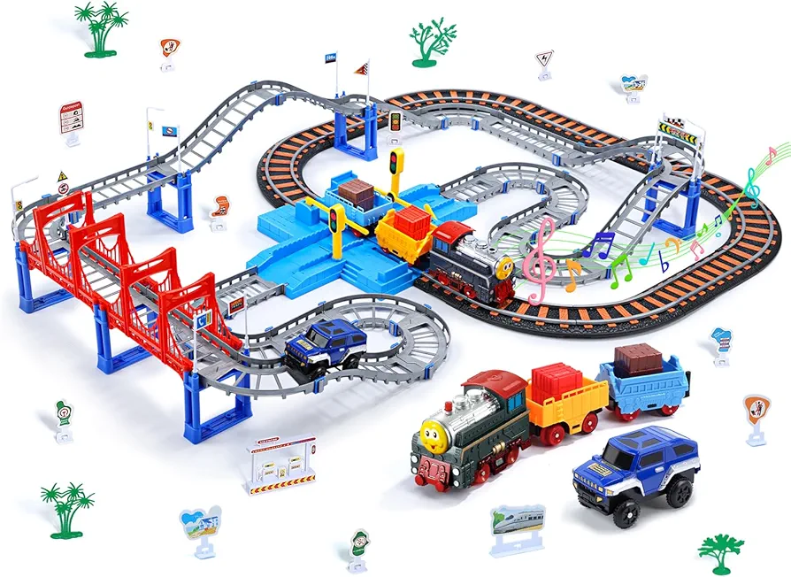 CUTE STONE Toy Train Set for Toddler, Train Track Set with Cars, Electric Train with Realistic Sound, Train Track Playset for 3 4 5 Years Old Girls & Boys