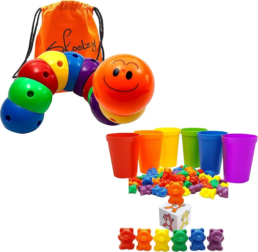 Skoolzy Rainbow Counting Bears and Caterpillar Building Toy 80 pc Set - Toddler Learning Toys Bulid Fine Motor Skills Montessori Axiety Fidget Stress Relief Toys for Kids