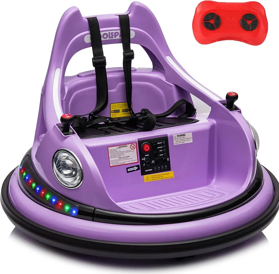 Ride on Bumper Car 12V Electric Vehicle Toys with Remote Control, 360 Degree Spin, Safety Belts,LED Lights 2-Speeds Kids Bumper Car for 36-72 Months Toddler Girl Toys Gift (Purple)