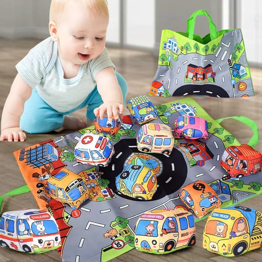 9 PCS Toddler Plush Car Toys Set with Playmat Map Storage Bag. Early Learning Toys for 1-3 Year Old Boys and Girls