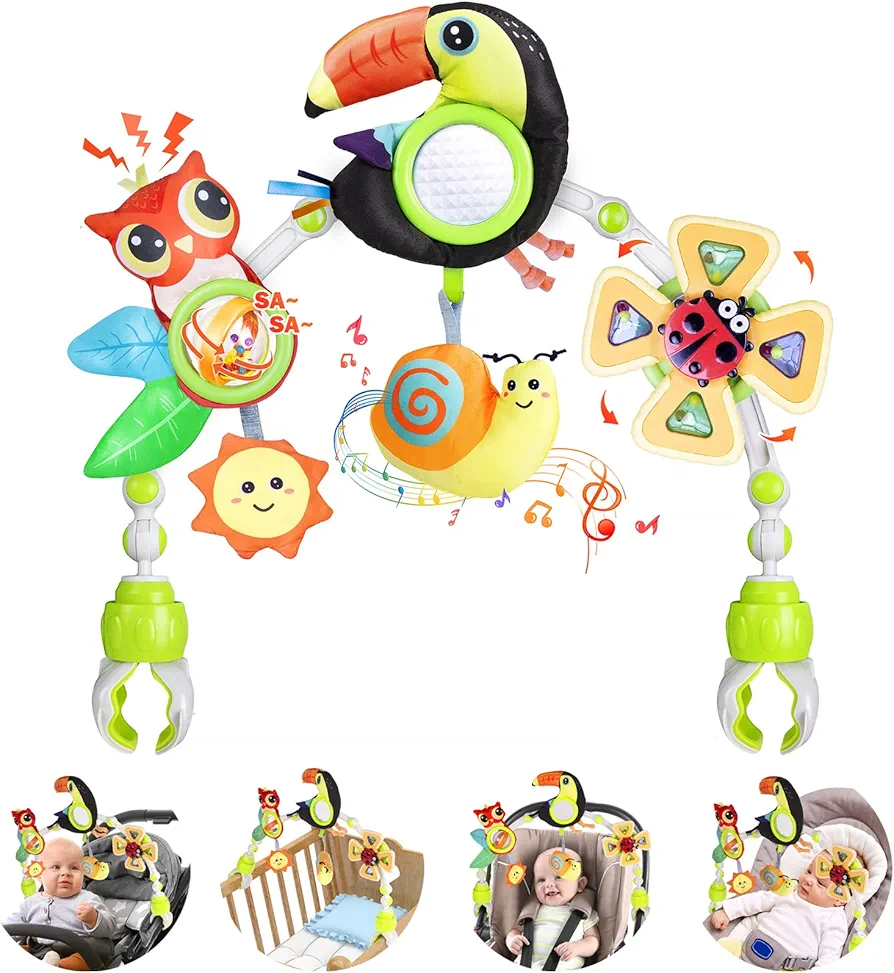 Baby Stroller Arch Toy with Teether, Rattle, Crinkle Sound, Mirror & Music Box, Newborns Sensory Activity Carrier Take-Along Toy, Adjustable for Bouncers