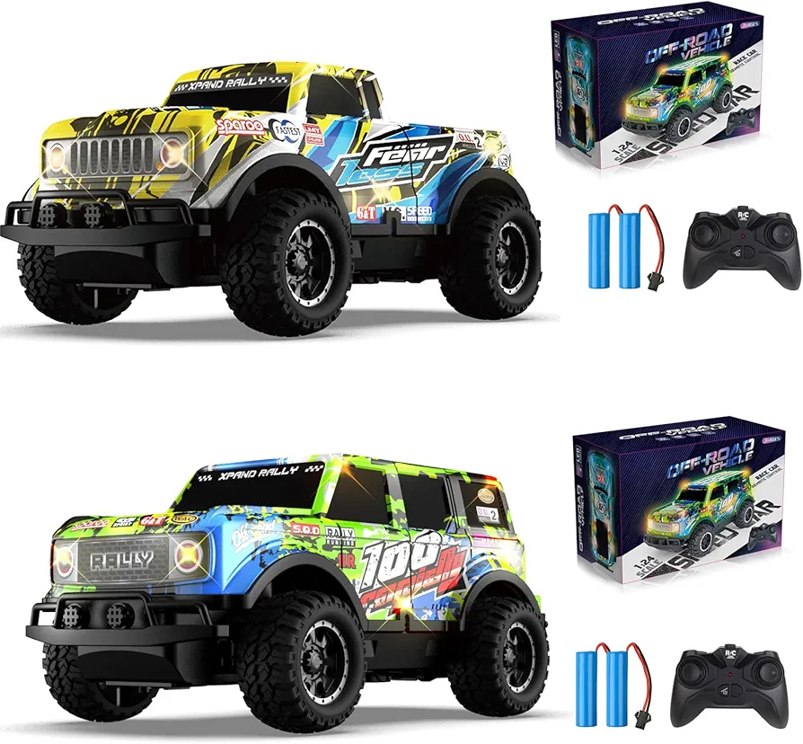 2PCS Remote Control Car, Light Up RC Car Toys, 2.4GHz 1:24 Scale 15KM/H Off-Road with Cool LED Lights Racing Rechargeable Toy Car for Christmas Birthday Kids Boys Girls for 4-7 8-12 Year Old