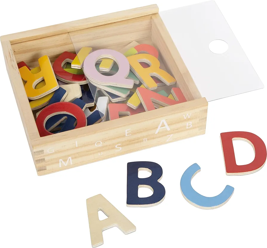 Wooden Toys, Colorful Wooden Magnetic Letters in A Travel Box 37 Piece for Learning The Alphabet & Spelling First Words Educational Toy Designed for Ages 3+, Multi, Standard Size