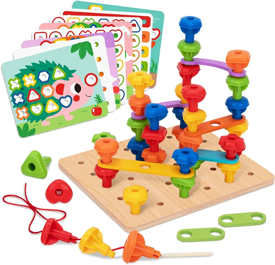 TOOKYLAND Peg Board Stacking Toy - 53pcs - Color and Shape Matching Game with Lacing Beads, Learning Sensory Pegboard Set for Kids 3 Years Old +