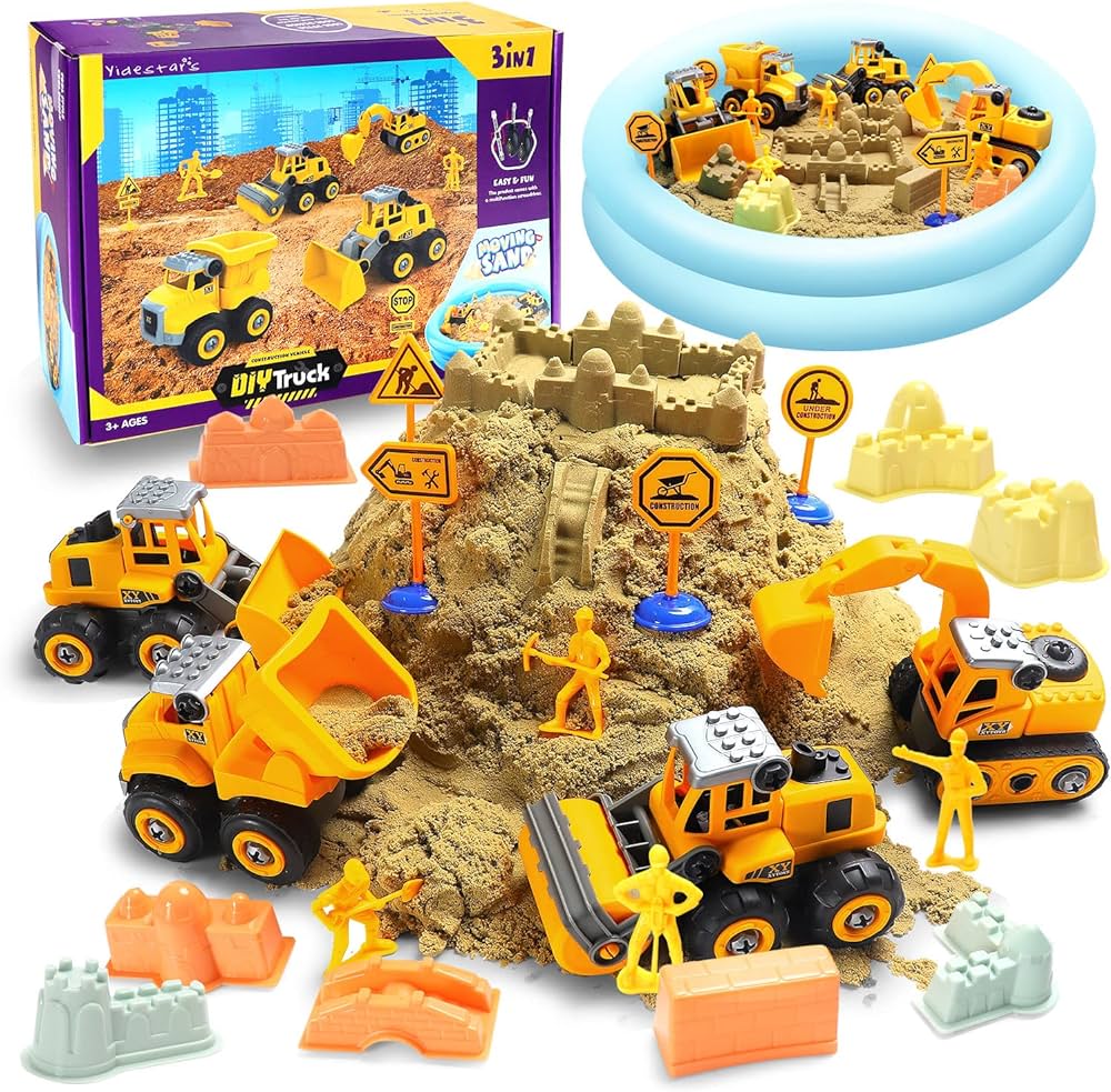 YIDESTARS Play Construction Sand Kit,2.2lbs Magic Sand W/4 Large Take Apart Construction Trucks,1 Sandbox,8 Worker Figures and Road Signs,8 Molds,Toys for 2-8 Years Old Boys Girls