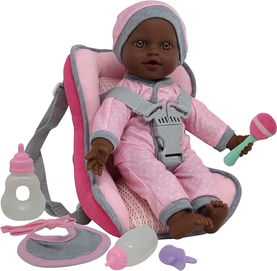 African American Doll Travel PlaySet - Baby Doll Car Seat Carrier Backpack with 12 Inch Soft Body Doll Includes Doll Bottles and Toy Accessories … (African American)