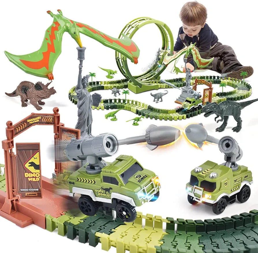 Upgraded Dinosaur Toys Race Track, Dinosaur Train Track w/ 10 PCS Dinosaur Figures, Balance Dino, 2 Electric Shooting Cars & Loop Track to Create A Dino World Road Race for 3 4 5 6 Boys