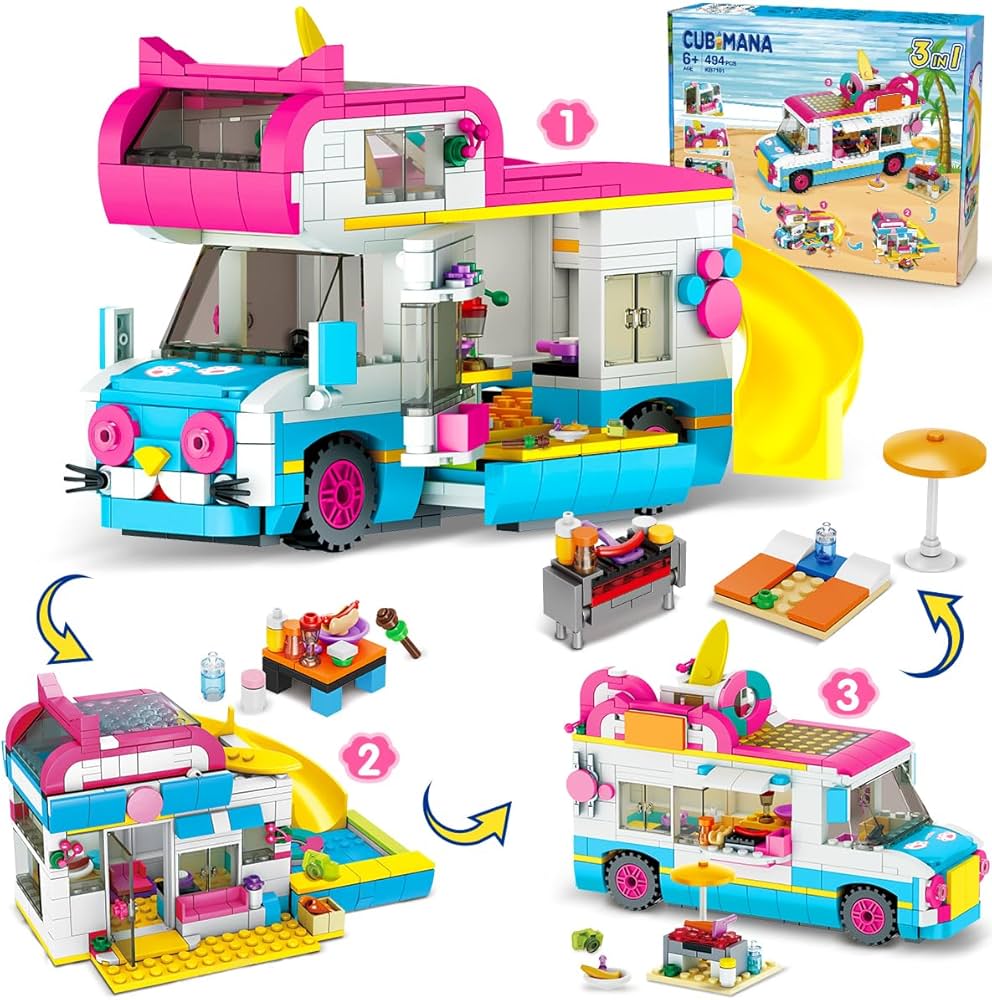 3-In-1 Cat Car Building Set for Girls, Camper Van Building Block Sets, Ice Cream Truck City Bus Building Toys With Slide and Stickers, Gifts for Kids Girls Boys Age 6 7 8 9 10 11 12+ (494PCS)