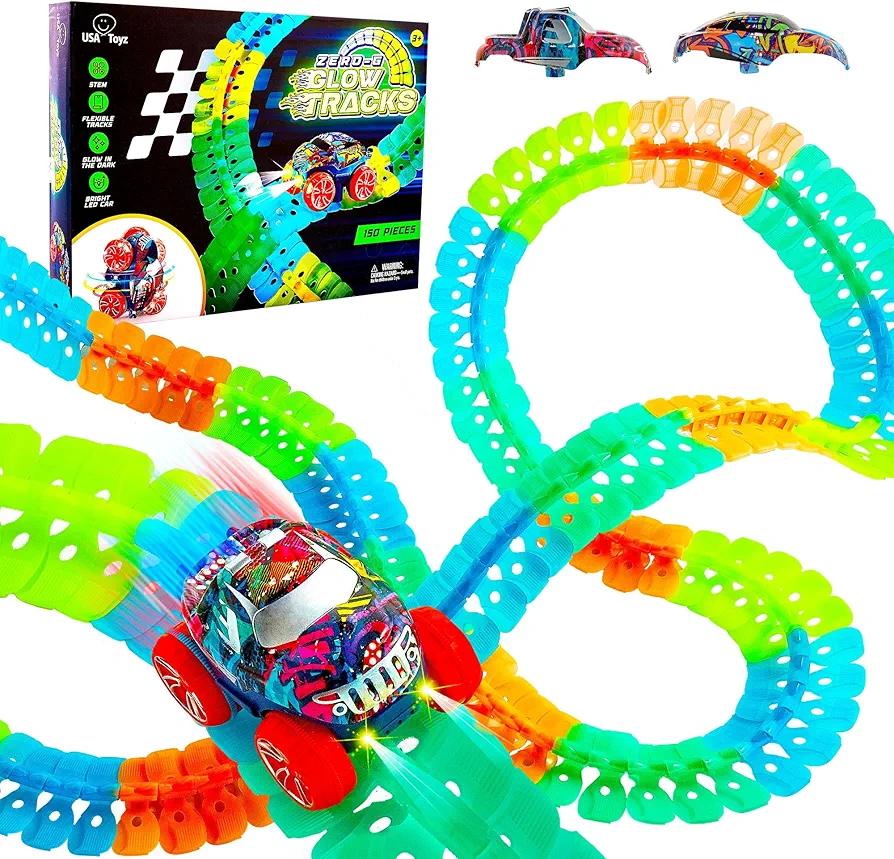 USA Toyz Zero-G Glow Race Track for Kids- 150pcs Glow in the Dark Flexible Race Car Track Set with Suction Cups, Slot Car, 2 Graffiti Toy Cars Shells, STEM Toy LED Car Tracks for Boys and Girls Age 3+