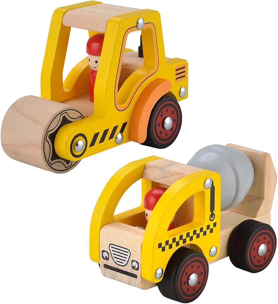 Wooden Push Car Toys for Infants 12-18 Months, 2 Pcs Baby Vehicle Toys Hand Push Car Toys for 1 2 Year Old Boys Girls (Cement Truck + Road Roller car)