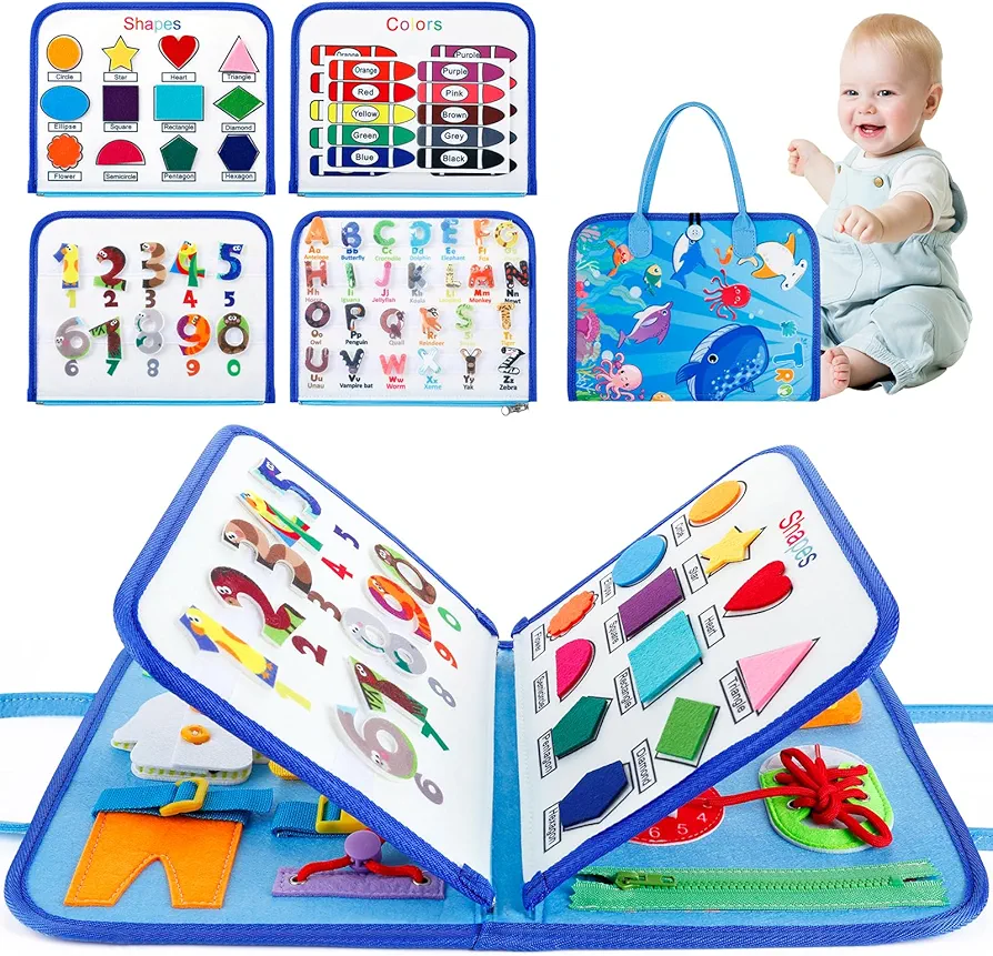 Busy Board Montessori Toy for 1-4 Year Old Toddlers, Educational Sensory Board Preschool Learning Toy for Learning Fine Motor Skills Quiet Book Travel Toys for Plane Car Gift for Boys Girls