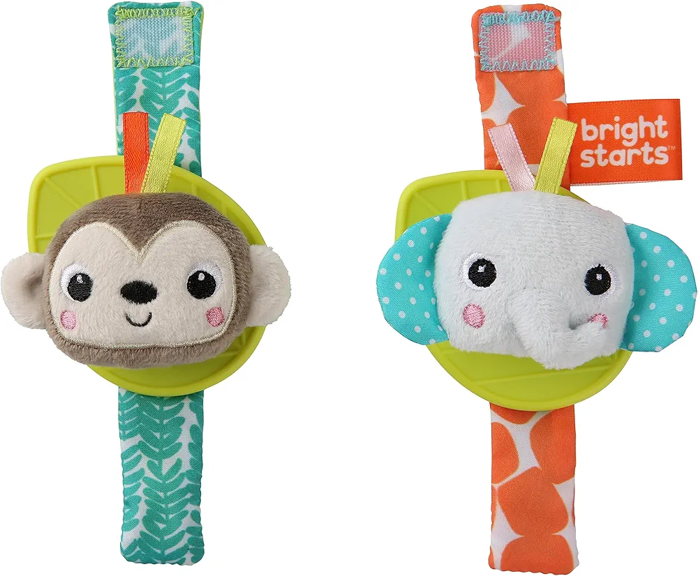 Bright Starts Rattle & Teethe Wrist Pals Toy - Monkey & Elephant, Newborn +