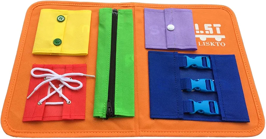 Busy Board Dress Learning Boards for Fine Motor Skills & Learn to Dress, Basic Life Skills Sensory Board, Learn to Zip, Snap, Tie Shoe Laces and Buckle (Type1, Orange)