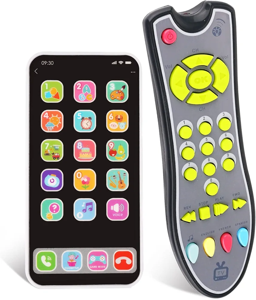 TV Remote Control Toy/Baby Phone Toy Playset/Musical Play with Light and Sound/for 6 Months+ Toddlers Boys or Girls Preschool Education/Three Language Modes: English, French and Spanish (2PCS)