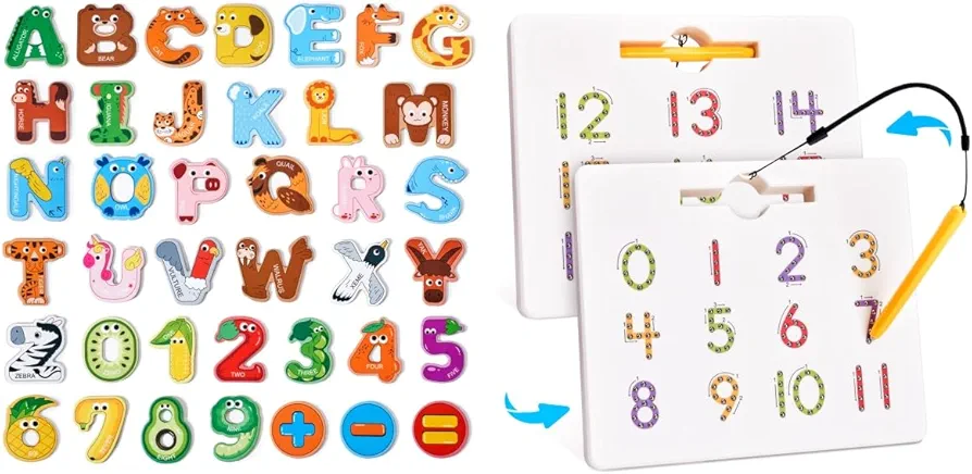 Gamenote Magnetic Number Tracing Board+JoyCat Magnetic Letters and Numbers Fridge Magnets, 26 Uppercase Letters 0-9 Numbers