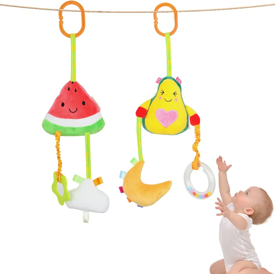 2PCS Soft Plush Hanging Stroller Toys with Teether and Rattles,Newborn Stroller Car Seat Crib Toys Colorful Fruits Sensory Early Development Toy for 0-12 Months Toddlers