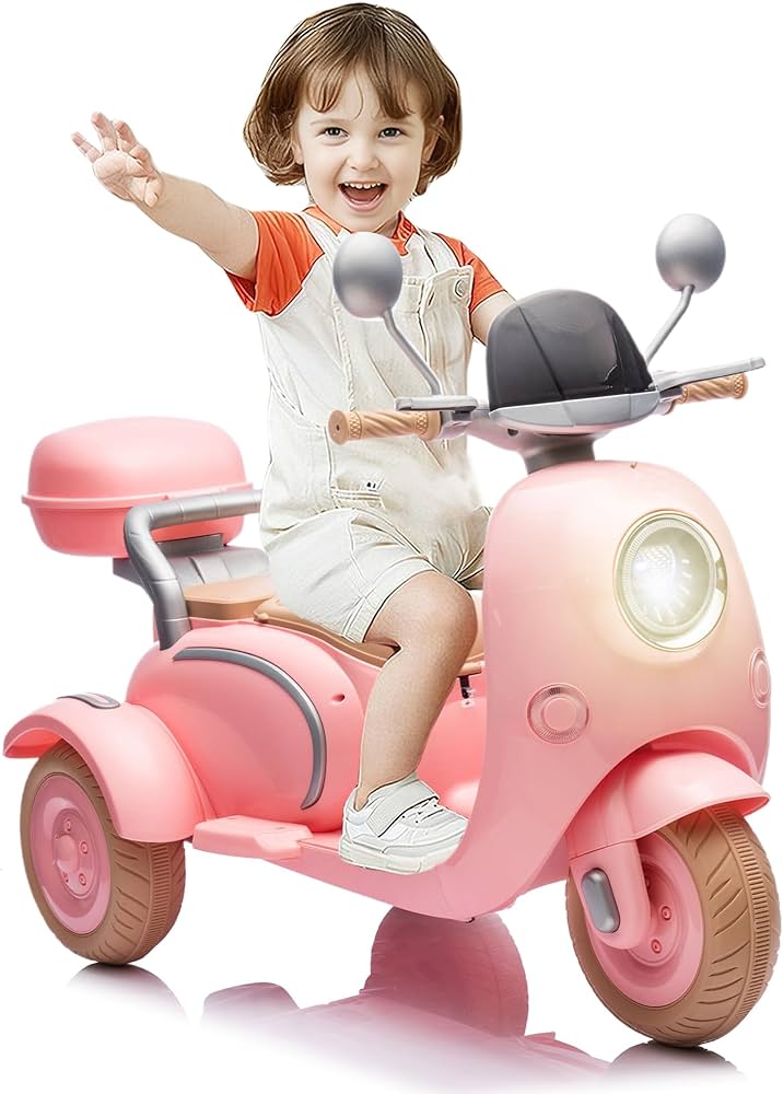 12V Ride On Electric Motorcycle, 3 Wheels & 2 Seats Kids Motorbike with USB, Bluetooth, Light, Storage Box, Motorcycle for Kids Aged 3-6, Pink