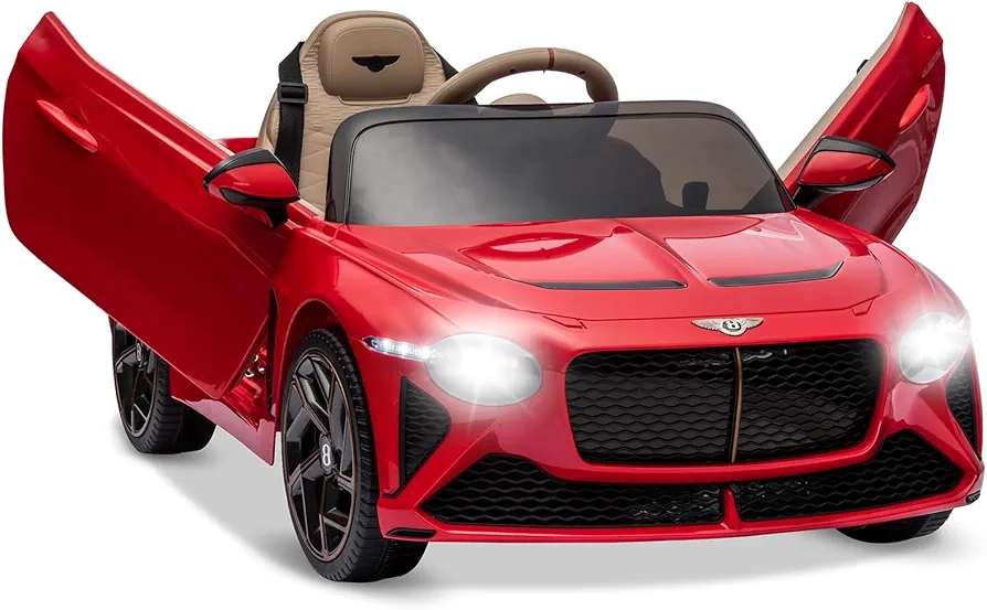 12V Kids Ride-on Car Bentley Bacalar Kids Car with Remote Control, Spring Suspensions, Ride on Toy car with 3 Speeds, LED Lights, Music, Scissor Doors, Best Gift for Boys Girls, Red