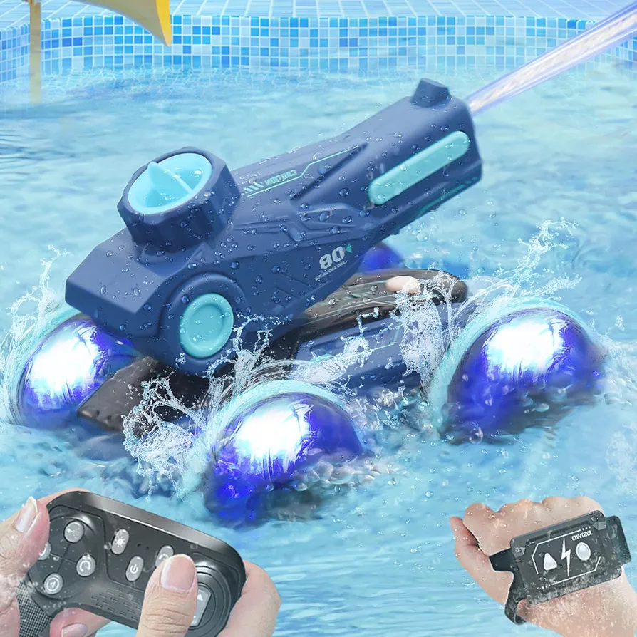 Amphibious Remote Control Car Boat Boys Toys 6 7 8 9 10 11 12 Year Old boy Birthday Gift, Gesture Sensing RC Car Shoot Water Battle Boat for Pool Toys for Kids Ages 4-8-12-13 (Blue