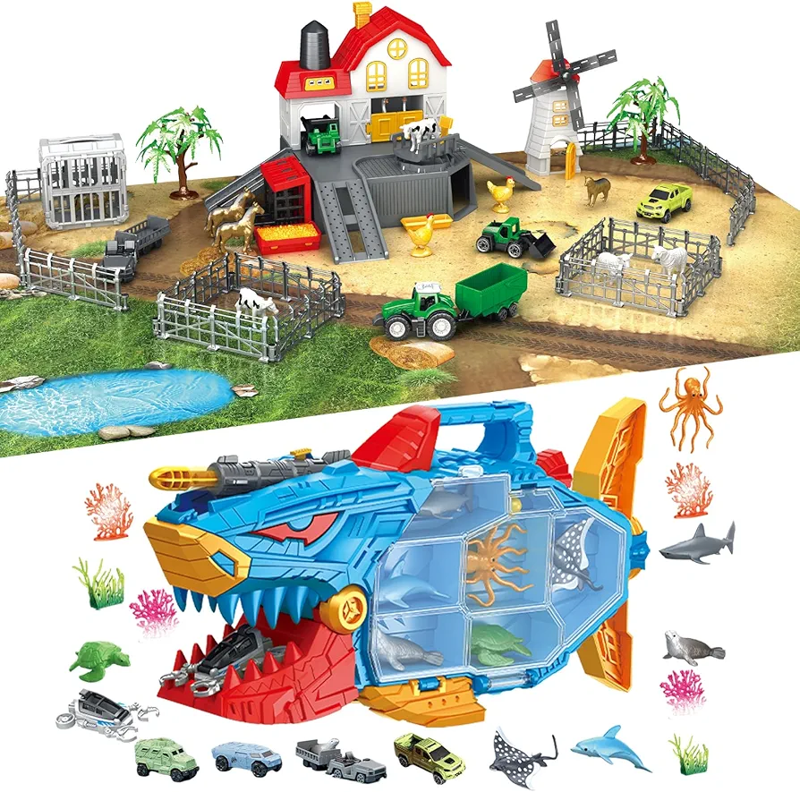 Deep Sea Creatures Toy with Truck Toys Cars, Farm Playset Barn House with Animals Figurines